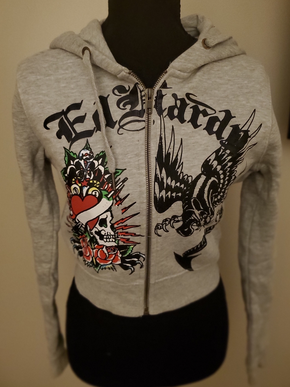 Ed Hardy Light Gray Zip Hoodie with Multicolor Skull & Eagle Graphics